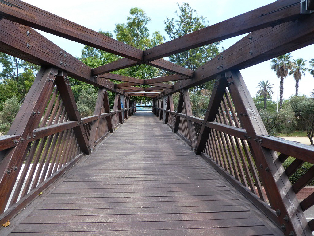 wooden bridge in barcelona spain with no people on it