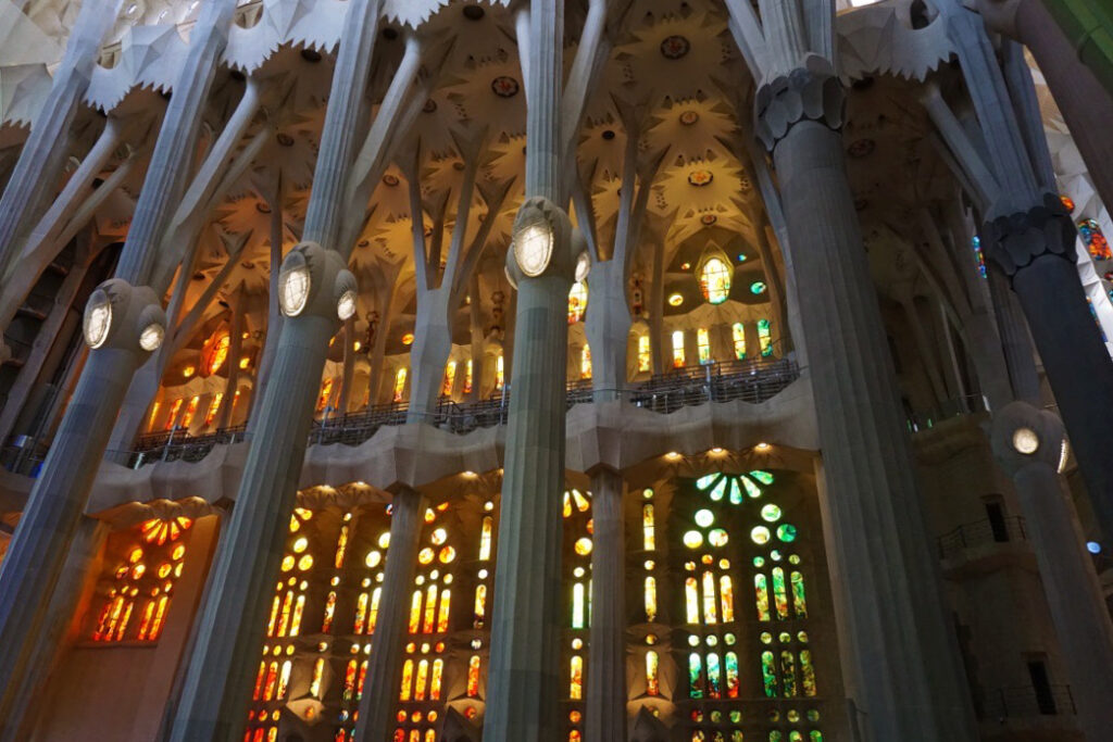 colorful stained windows of the sagrada familia against the tall tree like columns