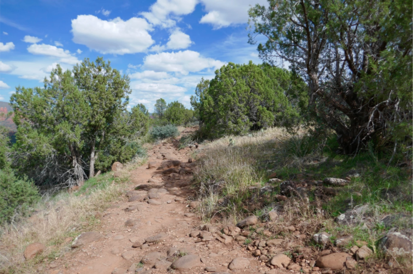 easy hiking trail in sedona with flat path and rocks