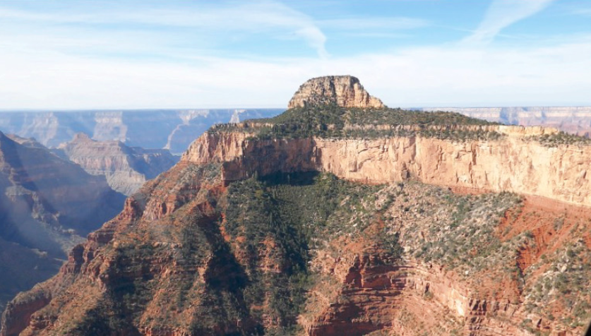tree covered rock formation above the grand canyon on a sunny day