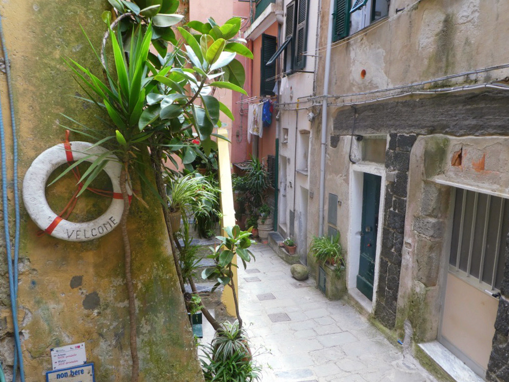 life saving float hanging on an alley wall in cinque terre