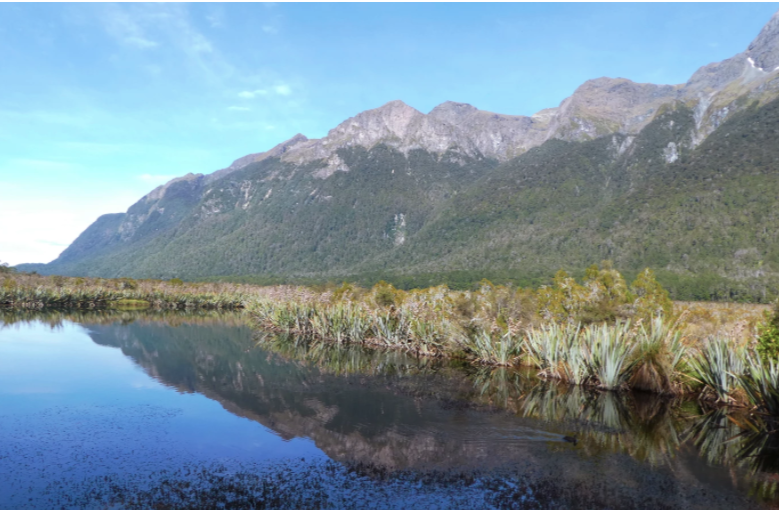 mountains by mirror lake on the way to milford sound