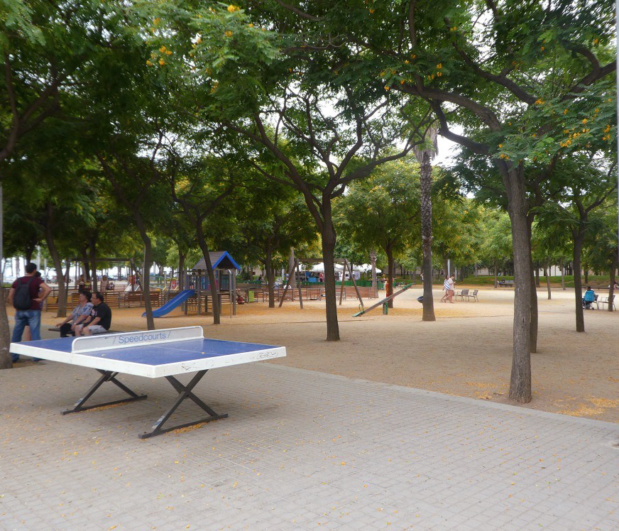 open ping pong table in the public park of barcelona