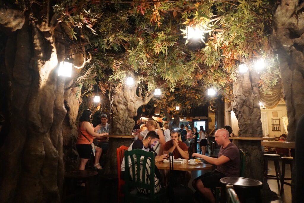 fake trees and lights to mimic a forest inside the bosc de les fades cafe