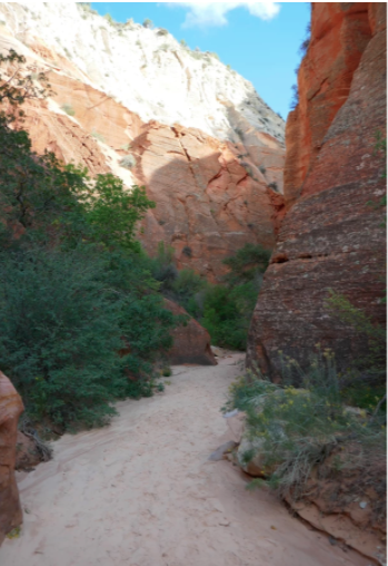 sand path in shade with red rocks