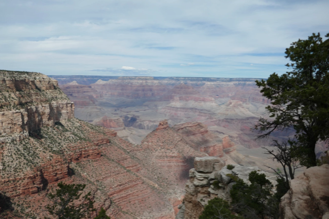 view of the grand canyon from el tovar restaurant on a cloudy day