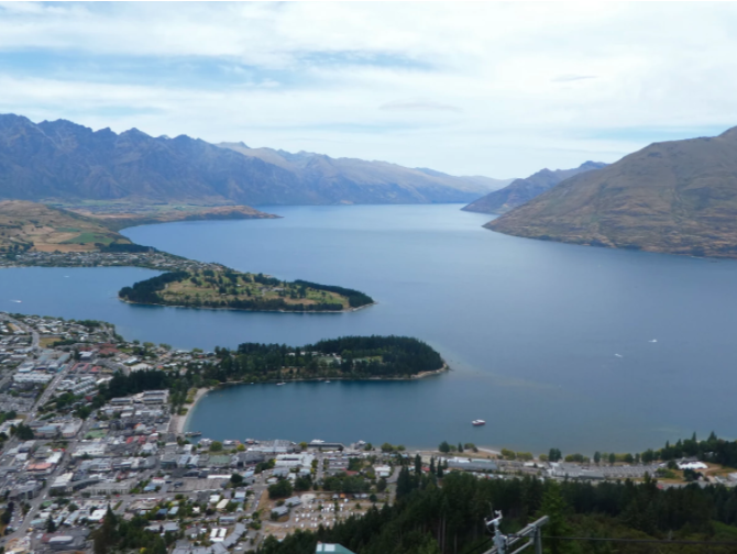 view of lake and town from above