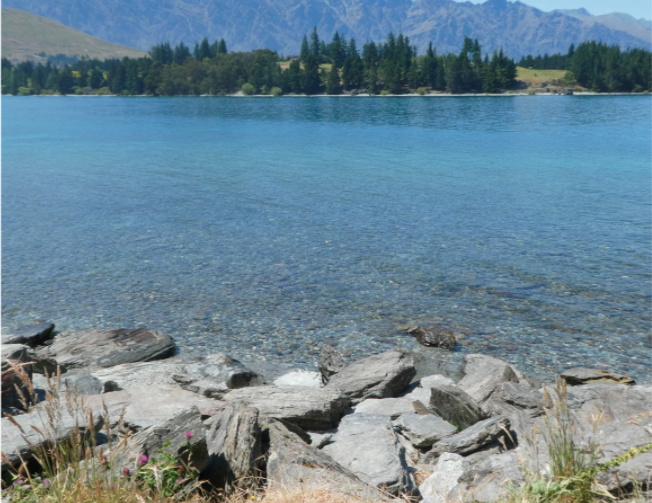 clear blue lake in queenstown with gray rocks in front