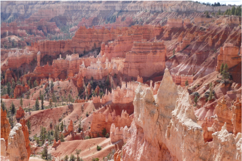 unique stone rock formations of bryce canyon with fierce red and white colors