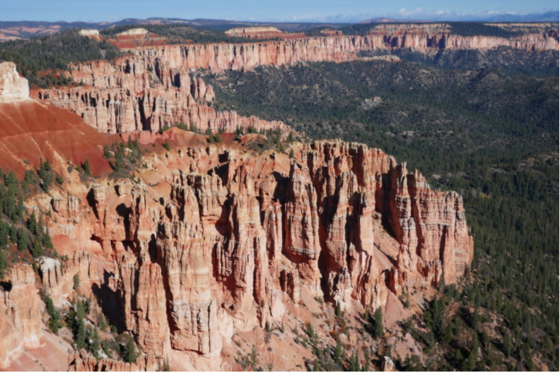 long wall of red rock formations next to the forest in bryce canyon