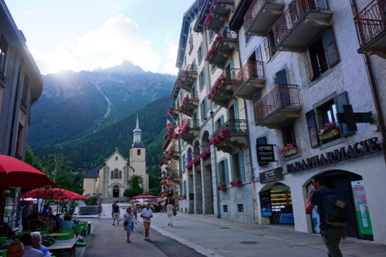 chamonix church with hotel and stone sidewalk