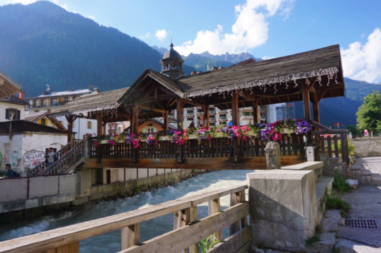 flower boxes decorating the wooden bridge