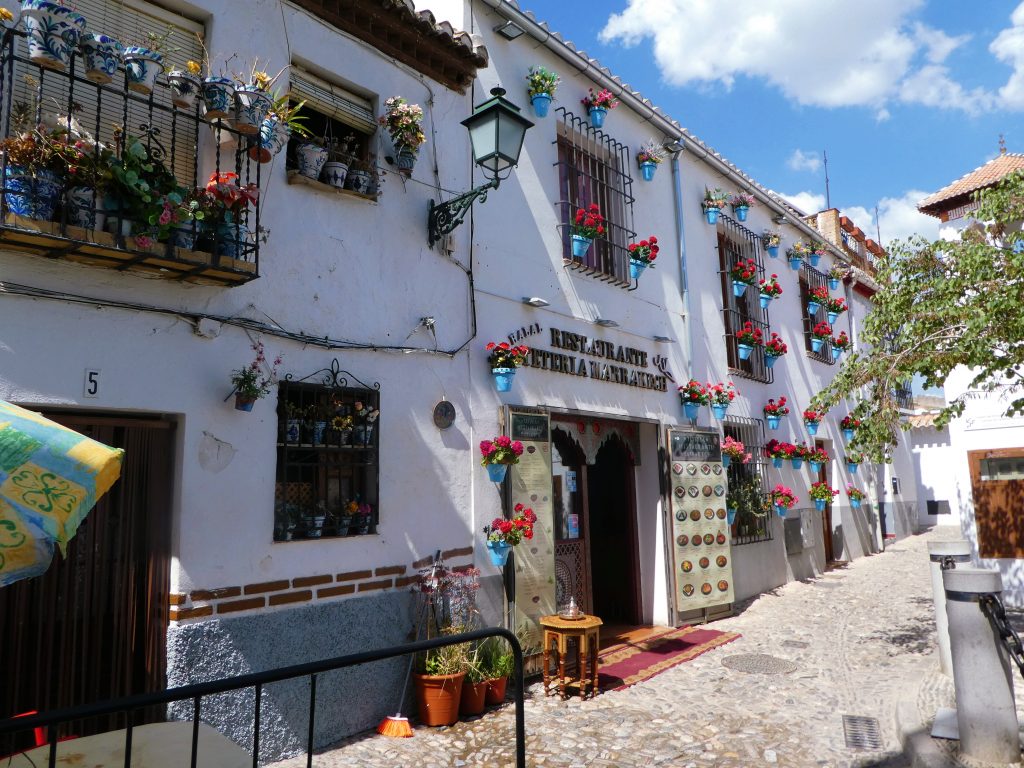 restaurant with white walls and colorful potted flowers on it