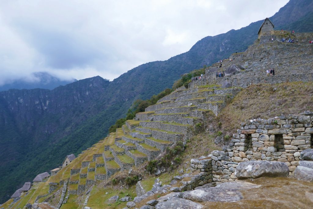 agricultural terraces running down the side of a mountain
