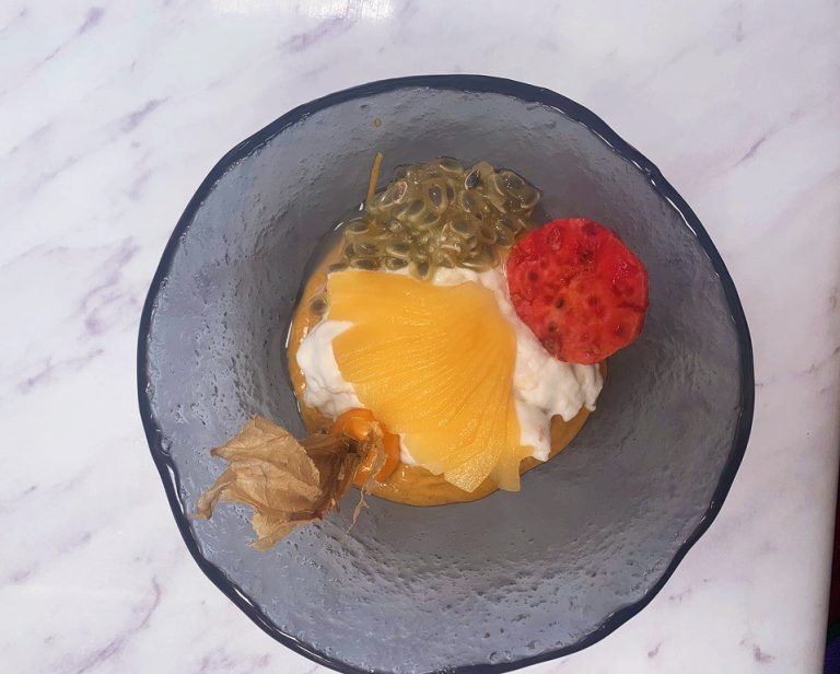 fresh fruit on top of cream
