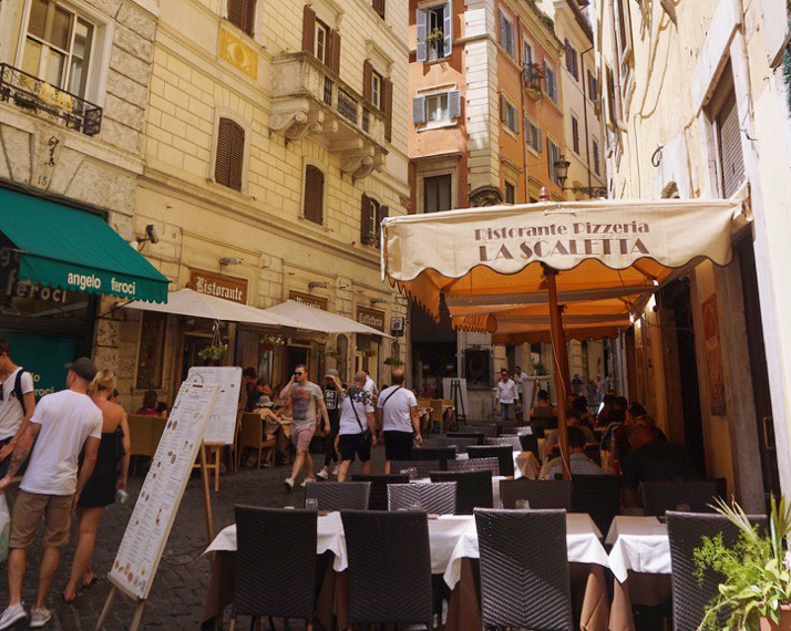 the overhang of a pizzeria in a yellow street