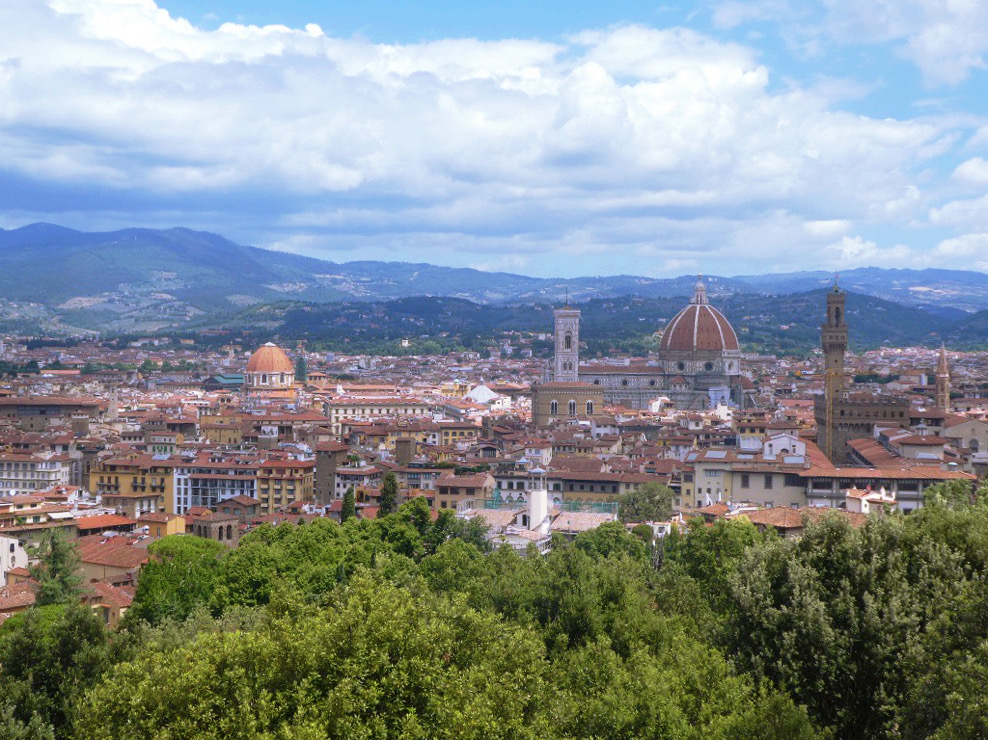 rows of trees in front of the city of florence