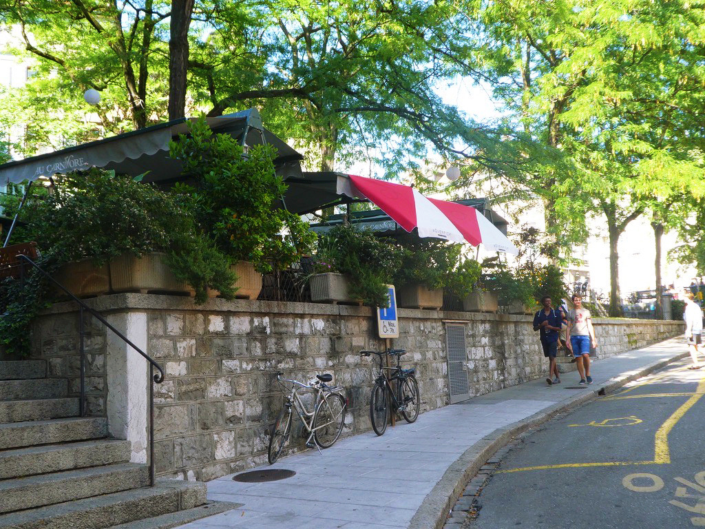 flags hanging above stone wall next to bushes