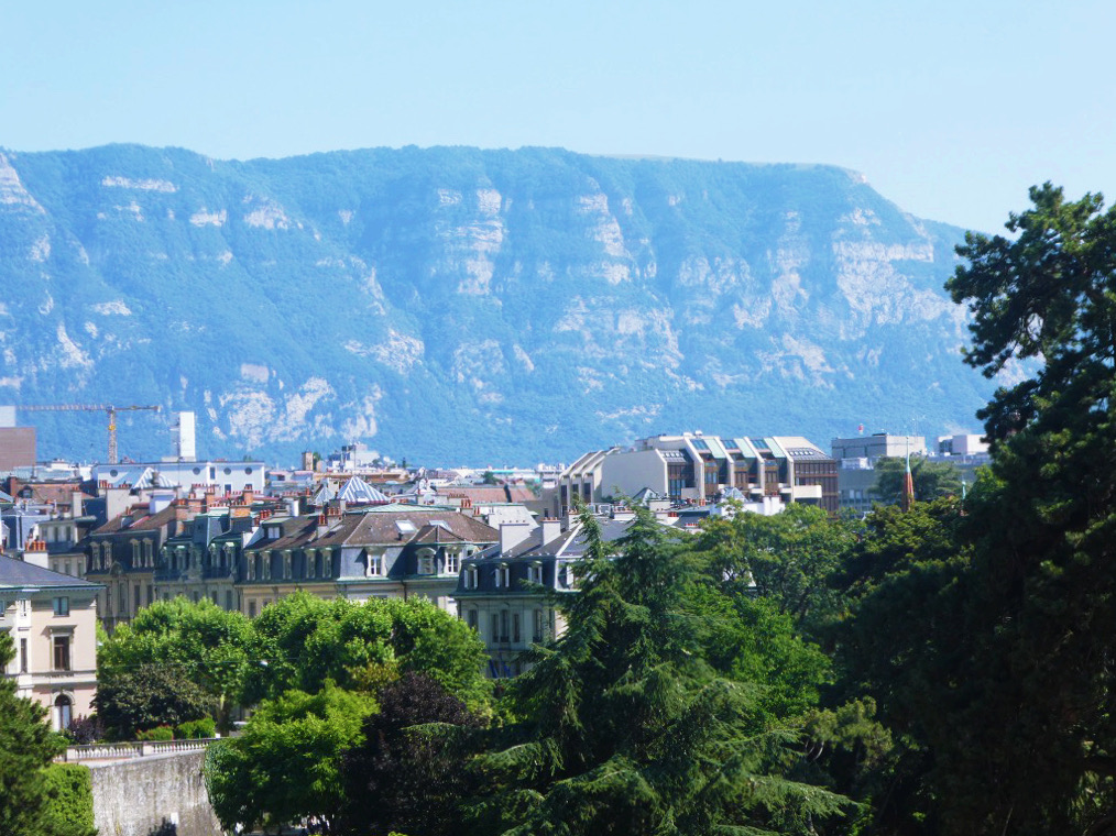 distant view of mont blanc behind geneva sky line