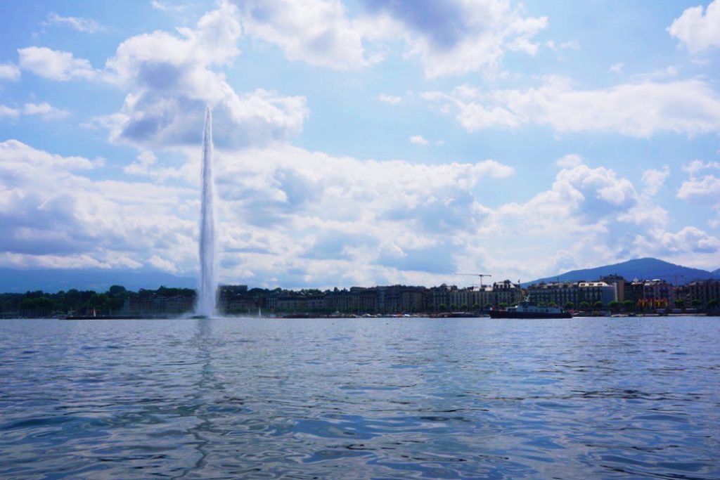 fountain shooting water out of a lake