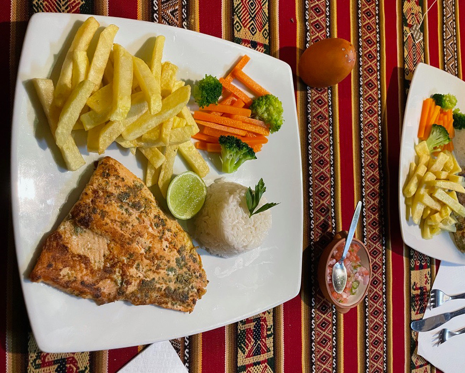 fish, fries, and vegetables for dinner at uros aruma uro