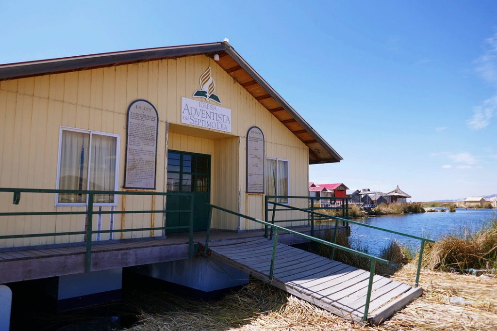 adventist church on the floating island of uros in lake titicaca