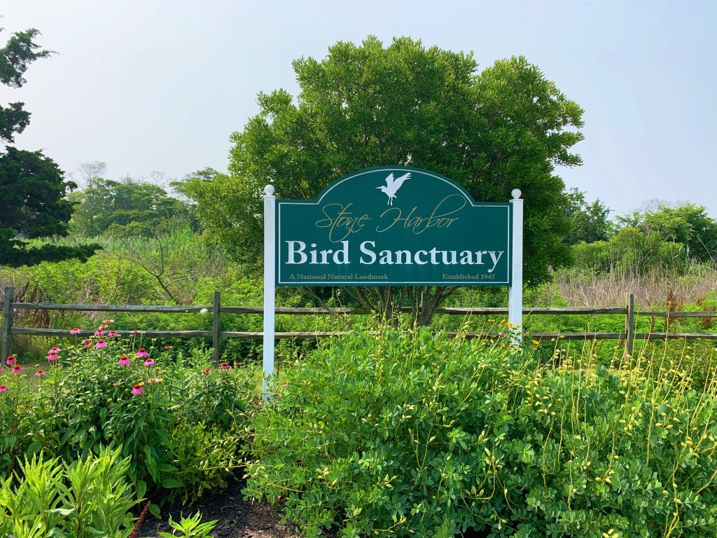 sign to the stone harbor bird sanctuary with green shrubs and flowers