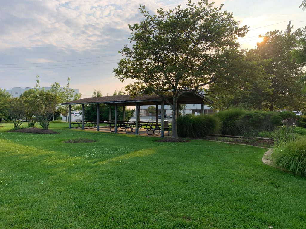 open grass field with wooden pavillion