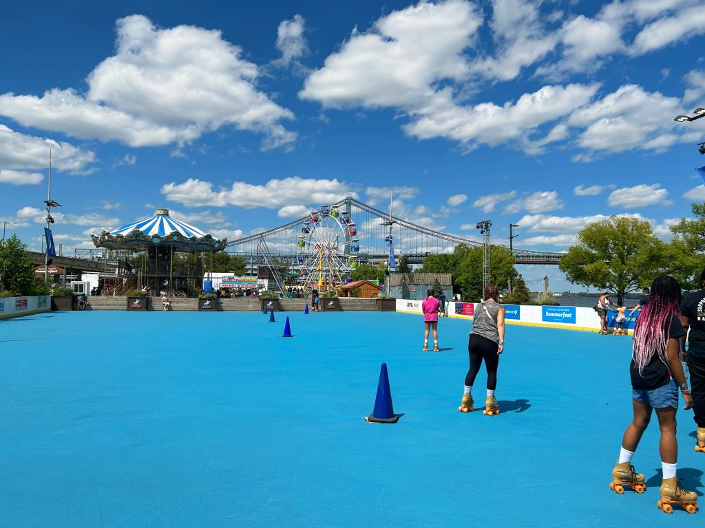 blue roller skating rink in the summer