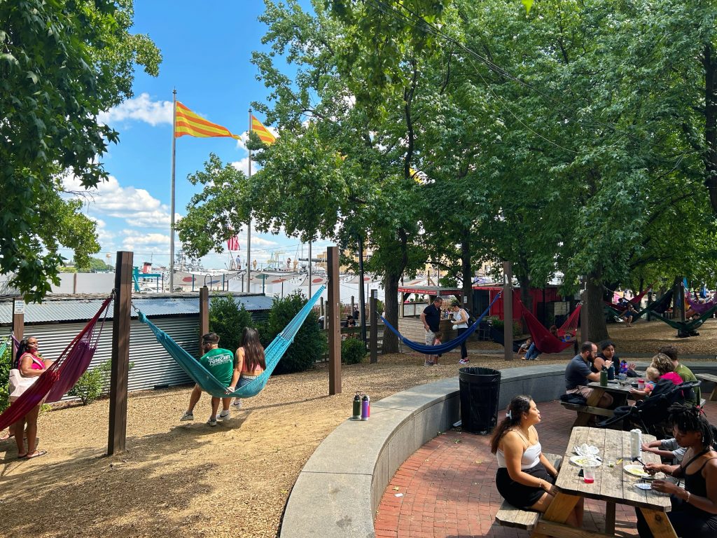 hammocks at spruce street harbor park on summer day