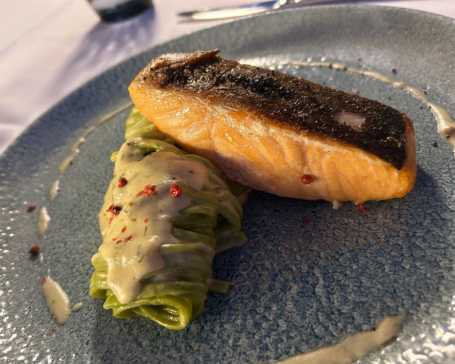 salmon on a blue plate