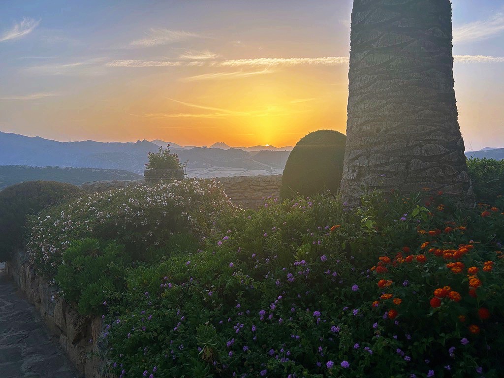 sunset over the mountains as viewed from a garden in the back of the hotel