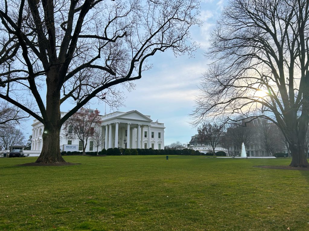 the front lawn of the white house on a cloudy day