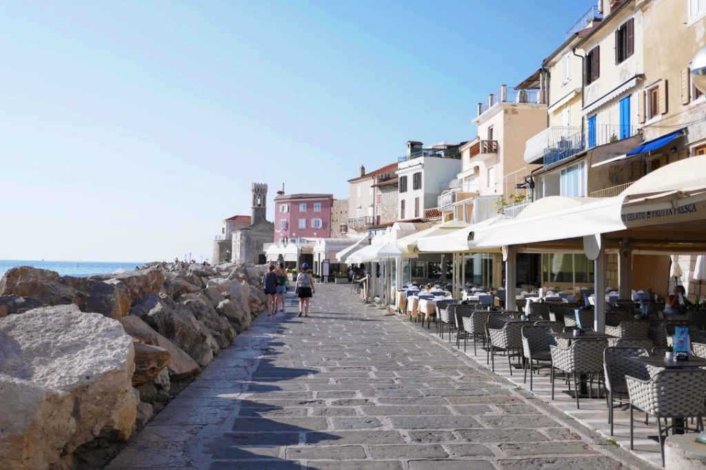 empty piran promenade in the summer