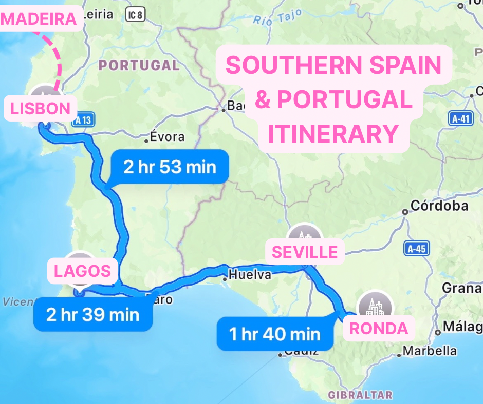 overview map of roadtrip through southern spain and portugal