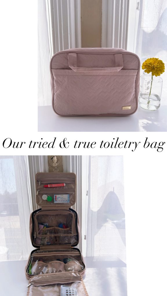 pink toiletry bag folded up and then unfolded
