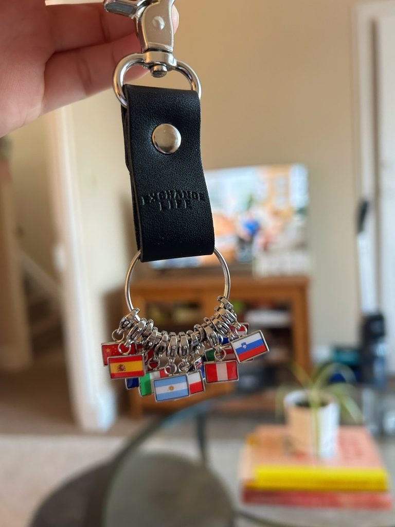 keychain with small charms of different countries from around the world