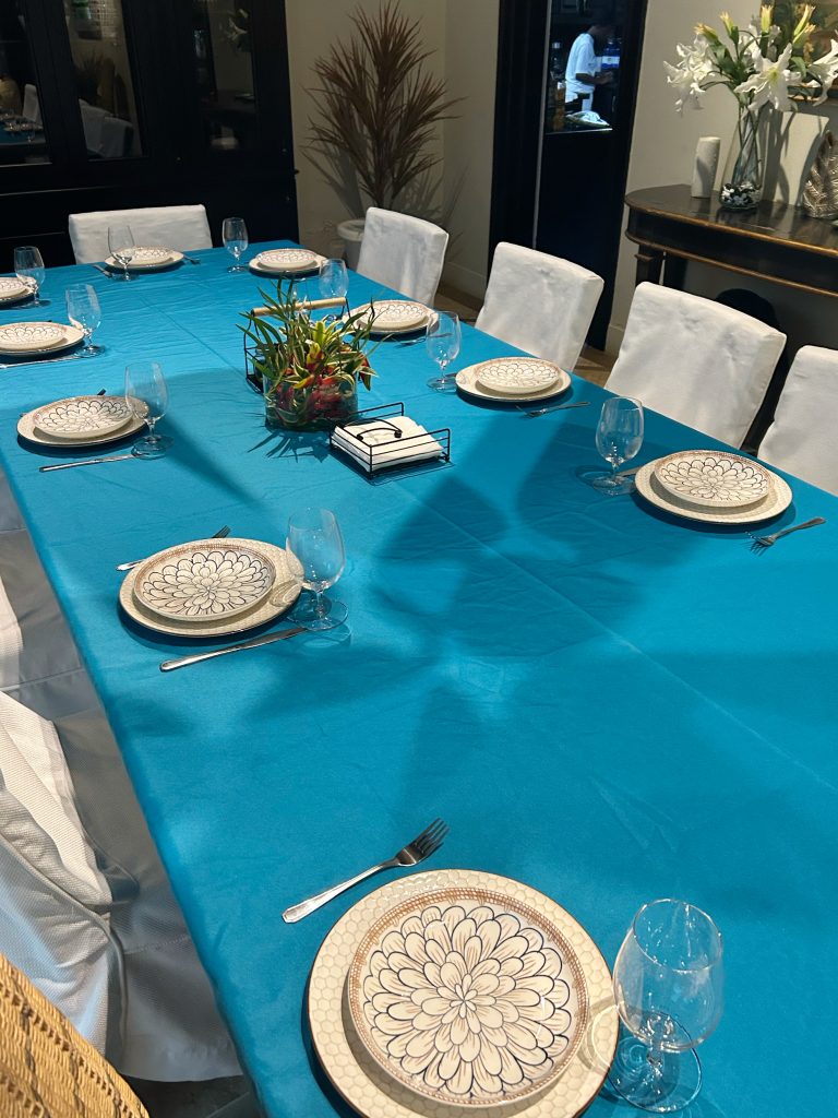 blue table cloth with plates set out for dinner 