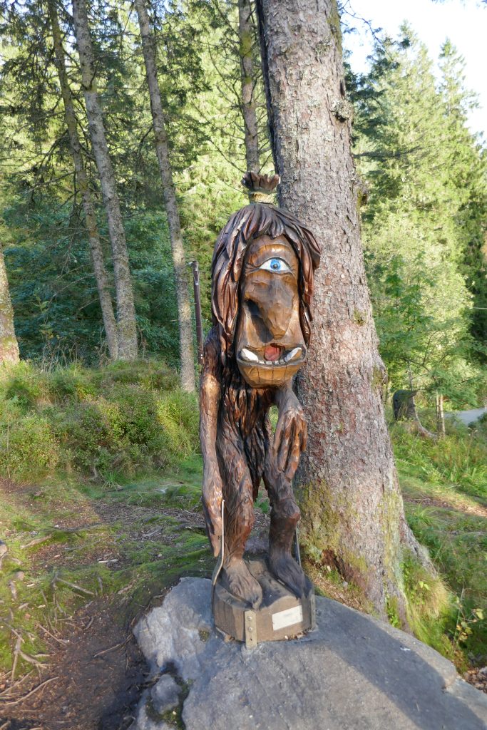 a wooden statue of a troll with one eye